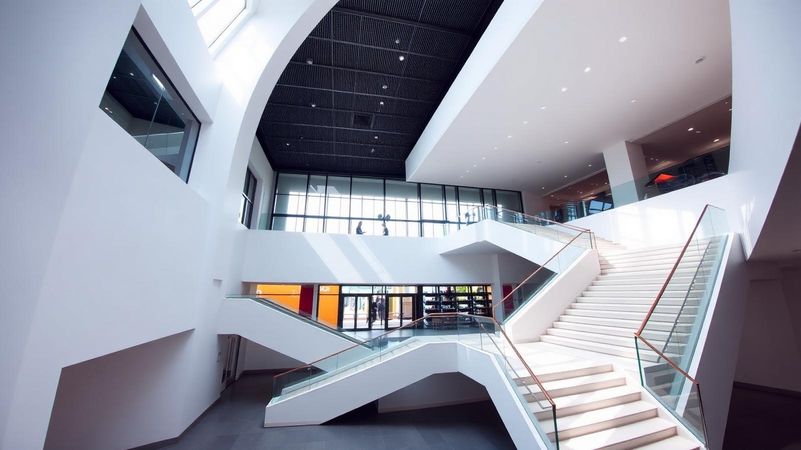 Bright minimal atrium with a sweeping white staircase
