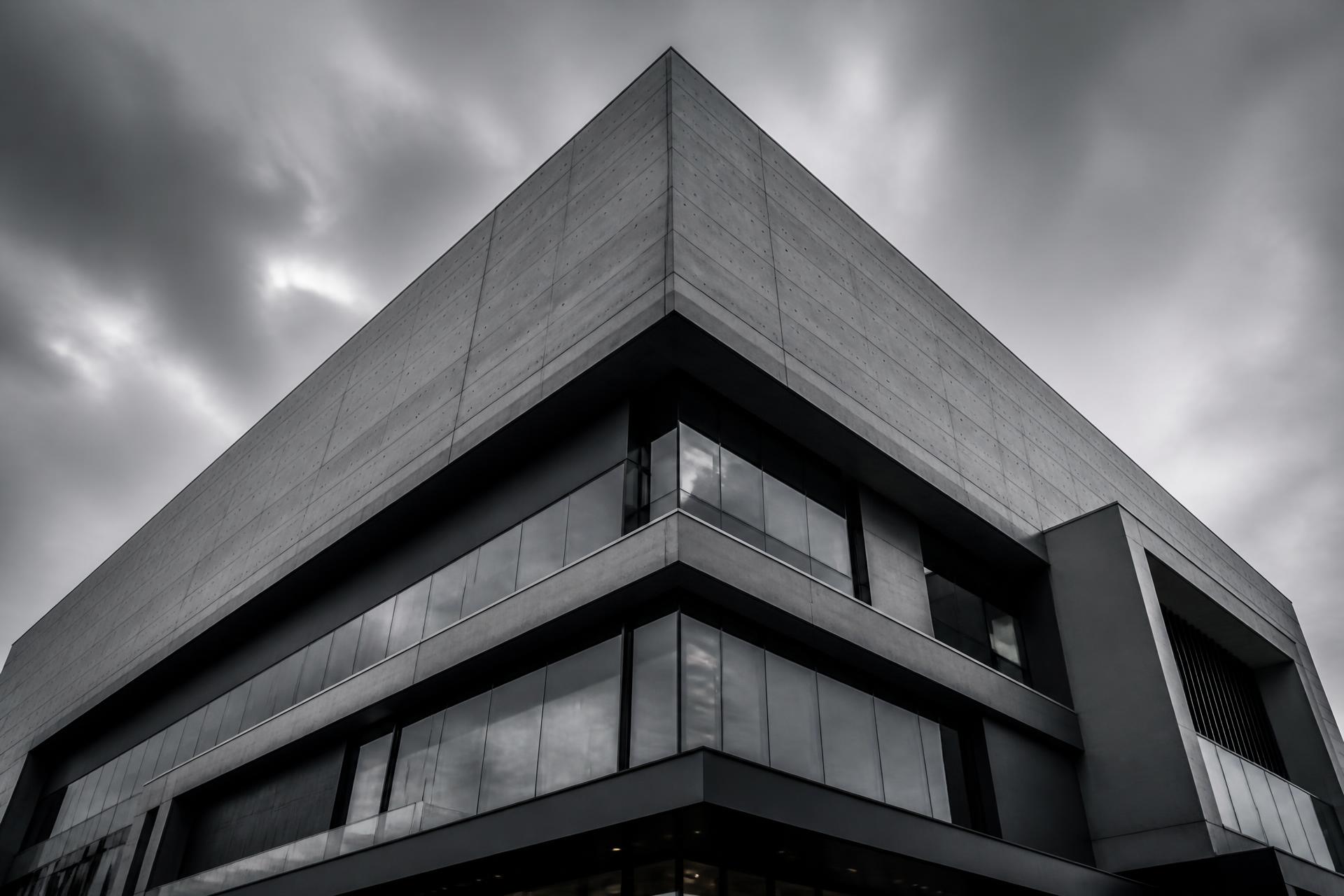 Modern concrete and glass commercial building at dusk